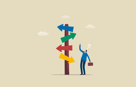 Career decisions. Many options for making decisions. Choice of business or job. Businessman thinking with question and  confused with the road sign or guide post. Illustrationのイラスト素材