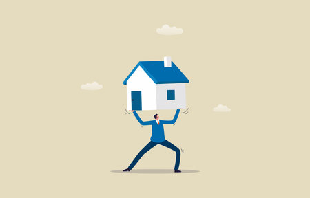 Real estate and high debt home mortgages. Businessman Carrying a House. Illustrationのイラスト素材