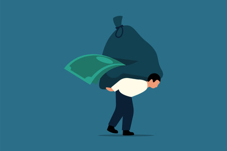 Financial Crisis, Businessman Struggling with Debt. Mortgage or Borrowing Money Problem Concept, Businessman Carrying Big Debt Money Bag Losing Money Banknotes. Vector Illustrationのイラスト素材
