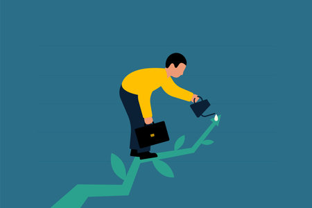 Business Growth, Nurturing Success. Businessman watering green arrow. Vector Illustrationのイラスト素材