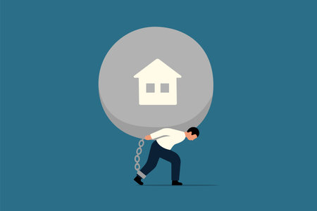 Mortgage Debt or Home Loan Concept. Businessman Carrying His House. Businessman Carrying Iron Ball Symbolizing Home Debt. Vector Illustration.のイラスト素材