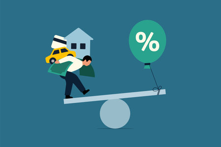 Debt Inflation, Increased Interest Rates Raise Household Debt. Floating Interest Ceiling. Air Balloon Tied to a Seesaw. Businessman Burdened with Heavy Debt. Vector Business Illustrationのイラスト素材