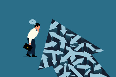 Options, Businessman Looking at Many Arrows and Choosing a Path. Vector Business Illustration.のイラスト素材