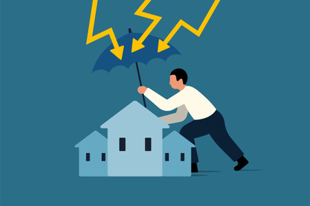 Housing Market Crash. Protecting Home Amid Real Estate Crisis. Investor or Homeowner Shielding Home from Descending Arrow Graph. Vector Business Illustrationのイラスト素材