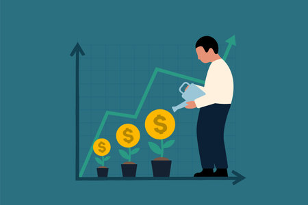Investment Growth, Businessman Cultivating Dollar Symbolized Seedlings for Profit and Capital Gain. Vector Business Illustrationのイラスト素材