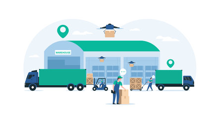 Warehouse Industry Featuring Storage Buildings, Forklift, Trucks, and Racks with Boxes. Illustration Highlighting Modern Logistics Operations, Efficient Inventory Management, and Streamlined Warehouse Processes.のイラスト素材