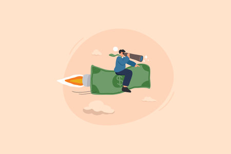 An illustration of a visionary businessman riding a flying banknote while using a telescope to explore future investment opportunities, symbolizing financial growth and profit potential in a creative style.のイラスト素材