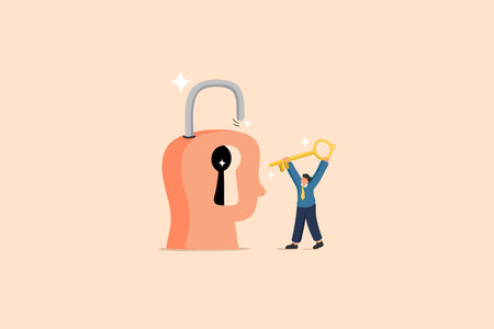 A creative illustration of a person holding a golden key to unlock a human head-shaped lock, symbolizing knowledge, innovation, and personal development.のイラスト素材