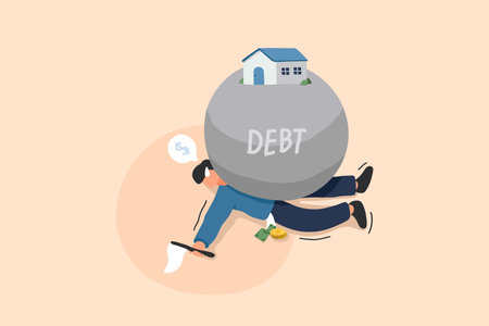 An illustration of a massive house transformed into a crushing weight, symbolizing overwhelming mortgage debt. A man struggles to push the house uphill, representing the challenges of balancing financial stability and homeownershipのイラスト素材