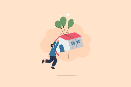 A man clings to a house floating up with balloons, symbolizing the impact of economic challenges such as foreclosures, mortgages, inflation, and financial uncertainty.のイラスト素材