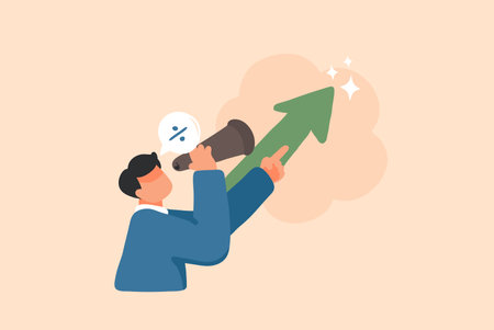 An illustration of a businessman looking through a telescope, focusing on a green upward arrow symbolizing growth and success. The speech bubble with a percentage sign highlights financial forecasts and economic analysis.のイラスト素材