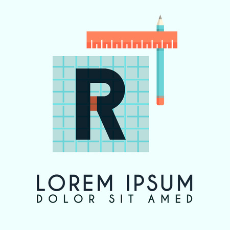 Architectural icon with pencil and stationery and letter R in the middle of drawing paper.のイラスト素材