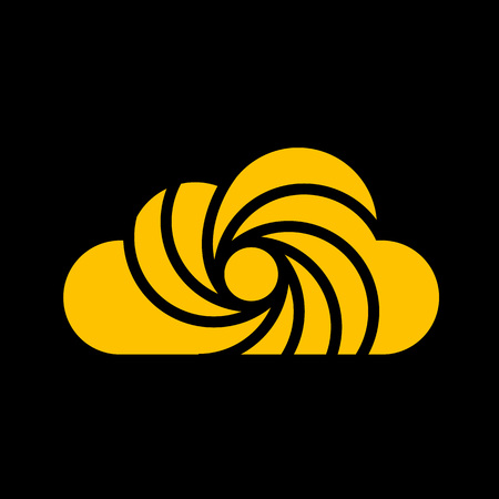 A yellow cloud logo (icon) with a black line in the middle forming a spiral, with a minimalist but firm styleのイラスト素材