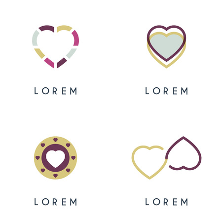 4 heart logos are composed of red maroon and cream colored lines and circlesのイラスト素材