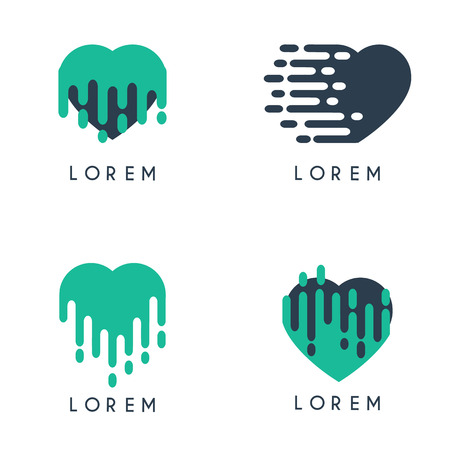 2 collections of breathtaking logos covered by liquid from the top and bottom, as well as 2 heart logos that melt right and down each of them are green and blueのイラスト素材