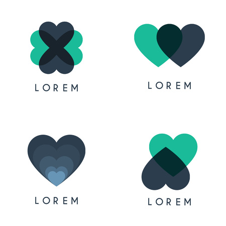 a collection of 4 packs of heart logos are all intact and mutually intersecting and overlapping with others of course they are green and blueのイラスト素材