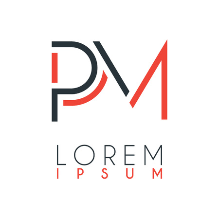 The logo between the letter P and letter M or PM with a certain distance and connected by orange and gray colorのイラスト素材