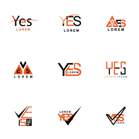 nine logos say "yes" in pack with a triangular shape in black and orange. For process & financial companies, human resources, housing, government divisions. also for digital printing & online businessのイラスト素材