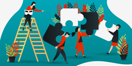 flat cartoon character. vector illustration for construction, leadership, teamwork, business. people putting together puzzle, people putting together puzzles. describe cooperation and build togetherのイラスト素材
