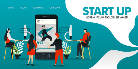 flat cartoon character. vector illustration for technology, startup, application, entertainment, mobile. people discussing about application. programmer who programming and designers who designing.のイラスト素材