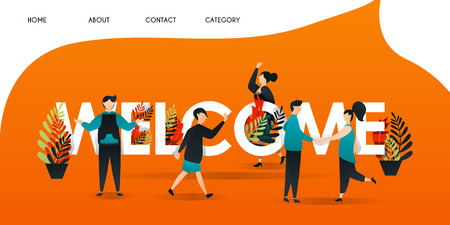 men, women and people who get acquainted with each other in the words "WELCOME". the team shook hands to greet and introduce themselves  for web page, banner, presentation,concept Vector illustrationのイラスト素材