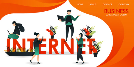 vector illustration or web page with orange and yellow. a group of people who are communicating using internet technology around the words "INTERNET". a man who was standing was holding a laptopのイラスト素材