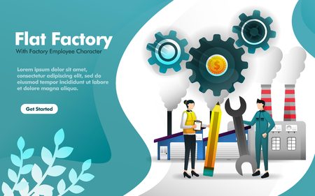 factory worker standing in front of the factory building in flat style. can use for, landing page, web, mobile app, poster, vector illustration, online promotion, internet marketing, finance, tradingのイラスト素材