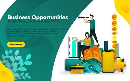 people are standing in piles of money and seeing business opportunities with binocular. can use for, landing page, ui, web, mobile app, poster, banner, flyer, promotion, marketing, finance, tradingのイラスト素材