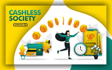 illustration of a cashless society. woman moves money from her wallet, piggy bank and card to the smartphone. can use for, landing page, web, mobile app, poster, banner, flyer, promotion, marketingのイラスト素材