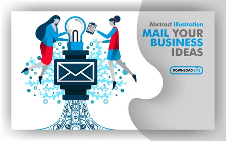 Vector abstract illustration .Online media, apps and print page with title EMAIL YOUR BUSINESS IDEAS in blue and white. Woman putting light bulb into email to make profit and money. Flat cartoon styleのイラスト素材