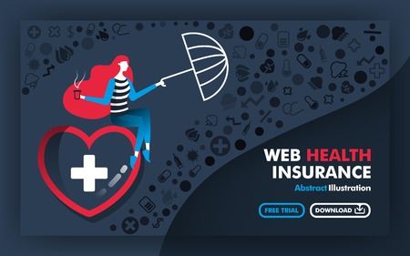 Vector abstract illustration .Banners and posters in gray. with the title of web health insurance. the woman sitting in the big heart and holding an umbrella to protect the disease. Flat cartoon styleのイラスト素材