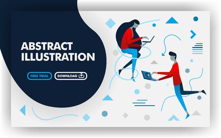 Vector abstract illustration .Banner website with white and dark blue. women and men working with laptop. suitable for websites, landing page, posters, print , online, presentation. Flat cartoon styleのイラスト素材