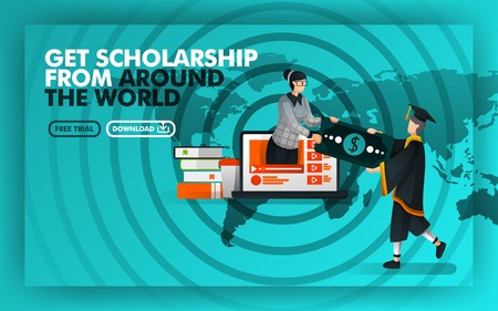 Vector illustration. Green website banner about get scholarship from around the world. Bachelor earn money from women coming out of  laptop against the background of world maps and rada. Flat styleのイラスト素材