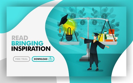 Vector illustration . Green website banners about reading bring inspiration. bachelor was standing between scales, book and and light bulbs use toga. can use for online, print page, poster. Flat styleのイラスト素材