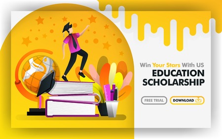 Vector illustration concept. Yellow banner website about educational scholarship. bachelor try to reach stars are surrounded by globe and stationery. suitable for print , online. Flat cartoon styleのイラスト素材