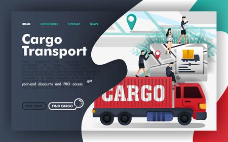 Cargo transport logistics Flat Vector Illustration Concept, freight transportation apps and map. Easy to use for website, banner, landing page, brochure, flyer, print, mobile app, poster, template, UIのイラスト素材