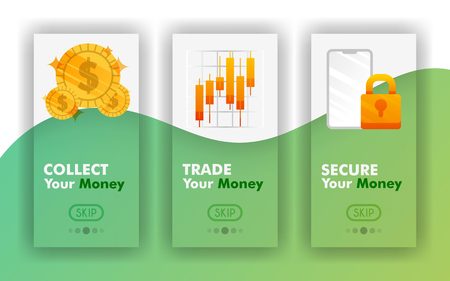 Collect, trade, secure your money Vector Mobile concept, Mobile app templates for finance . Easy to use for website, banner, landing page, brochure, flyer, print, mobile, app, poster, template, UI UXのイラスト素材
