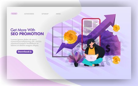 Profit optimization with SEO promotion Vector Web Illustration, Girl studying SEO promotion to increase income .  Easy to use for website, banner, brochure, print, mobile, app, poster, template, UI UXのイラスト素材