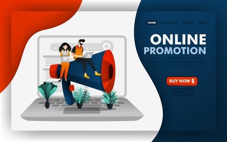 SEO promotion or Online Marketing Promotion vector Illustration concept, People sitting in giant megaphones. Easy to use for website, banner, landing page, brochure, flyer, print, mobile, app, posterのイラスト素材