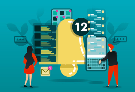 flat cartoon character. vector illustration for technology, warnings, notifications, alert, schedule, message. people who reading chart and notice. big bell with smartphone app. new chat interfaceのイラスト素材