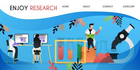 scientist in laboratory. scientists who are enjoying work sit on microscopes and dangerous fluids, vector template background isolated, can be use for presentation, web, banner ui ux, landing pageのイラスト素材