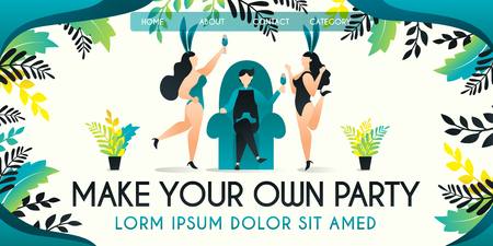make your own party vector illustration concept, man who was sitting drinking wine and surrounded by a bunny girl with make your own party word , can use for, landing page, template, ui, webのイラスト素材