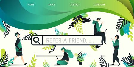 Refer a friend vector illustration concept, group of people who move around the search engine with refer a friend word , can use for, landing page, template, ui, webのイラスト素材