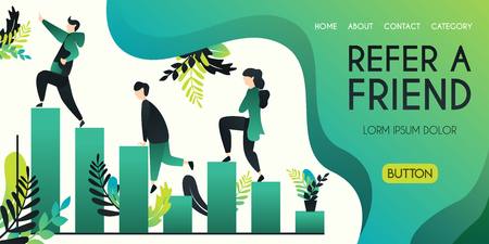 Refer a friend vector illustration concept, group of people climbing and climbing char bar statistics with refer a friend word , can use for, landing page, template, ui, webのイラスト素材