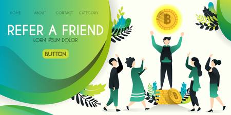Refer a friend vector illustration concept, group of people who are looking at men who are spending money / bitcoin floating with refer a friend word , can use for, landing page, template, ui, webのイラスト素材