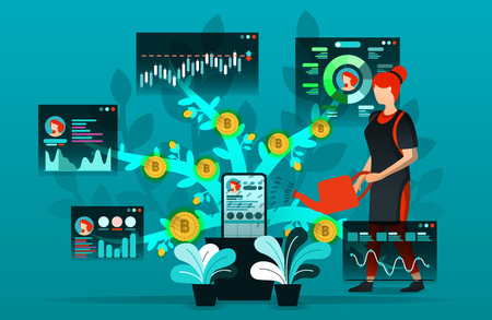 Vector illustration, flat cartoon character, about technology, finance ,social media ,screen display from bars, line, pie chart. girl who watered a social network account to get profits and bitcoinのイラスト素材
