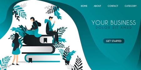 vector graphic elements. Group of people who are gathering several books but are on the internet concept, can be use for presentation, web design, banner ui ux, landing page, book cover, flyerのイラスト素材