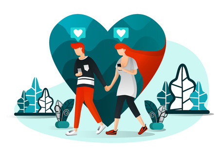 Vector illustration of millennial couple, present love, technology, social life 4.0,couple chatting on date. Man walking with his girlfriend but pay attention to smartphone. Flat cartoon characterのイラスト素材