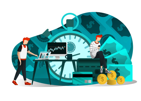 vector illustration of finance, business, currency, study, investment education, time is money and profit.people pay attention to capital market and receive dollar and coin. flat cartoon characterのイラスト素材