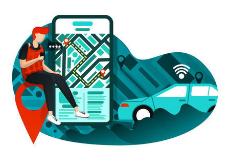 vector illustration of transportation business, shuttle, unicorn, industry 4.0, website, startup, mobile app. people waiting for pickup at location point ordered in application. flat cartoon characterのイラスト素材